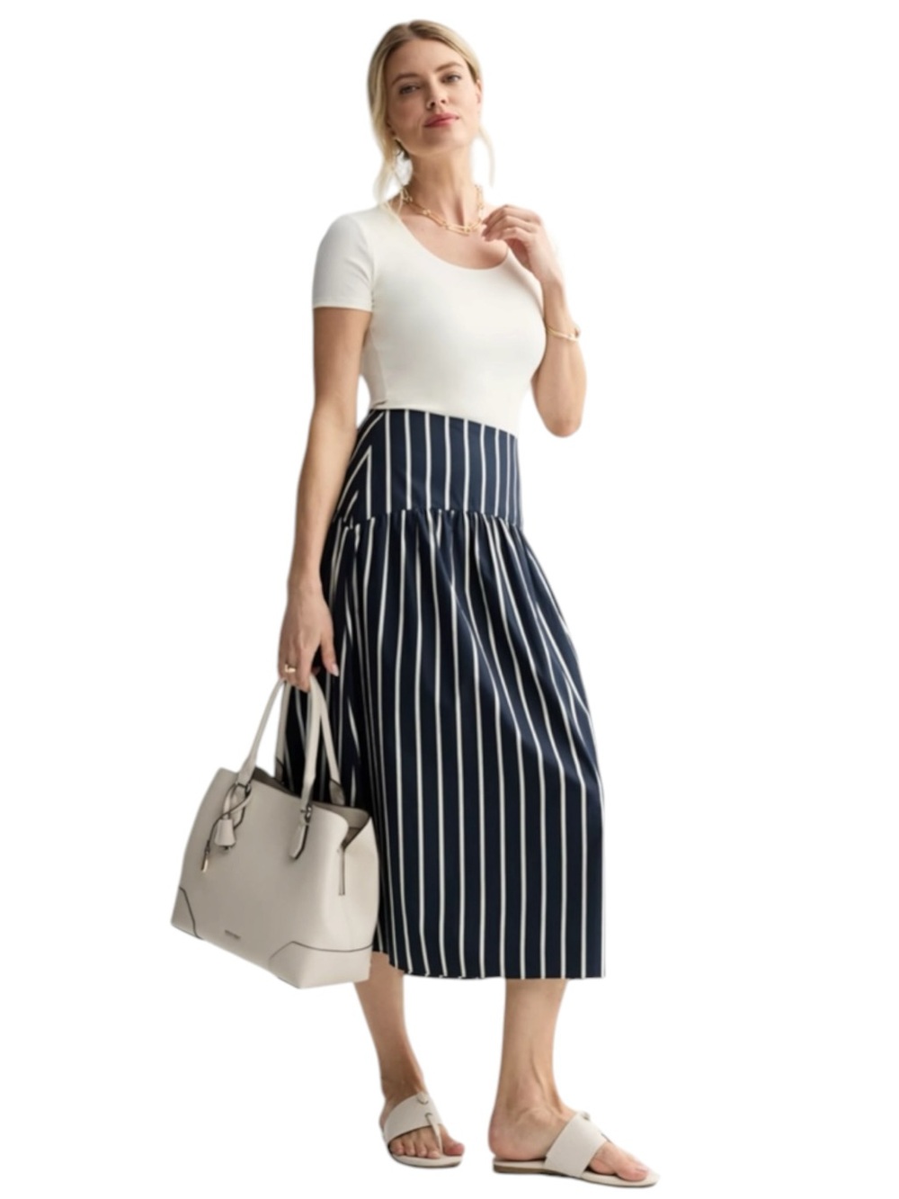 Nine West Drop Waist Navy & White Midi Skirt